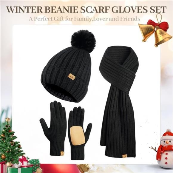Winter Beanie Hat Scarf Glove Set with Pom Pom Neck Warmer Scarves for Women